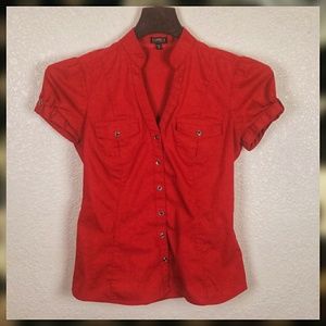 Express Short Sleeve Button Down Blouse Red XSP
